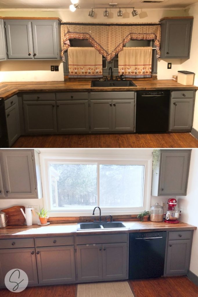 kitchen sink and window before and after